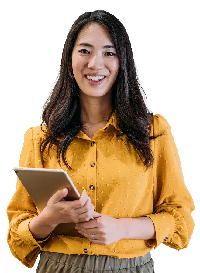 A smiling CDB team member holding a tablet