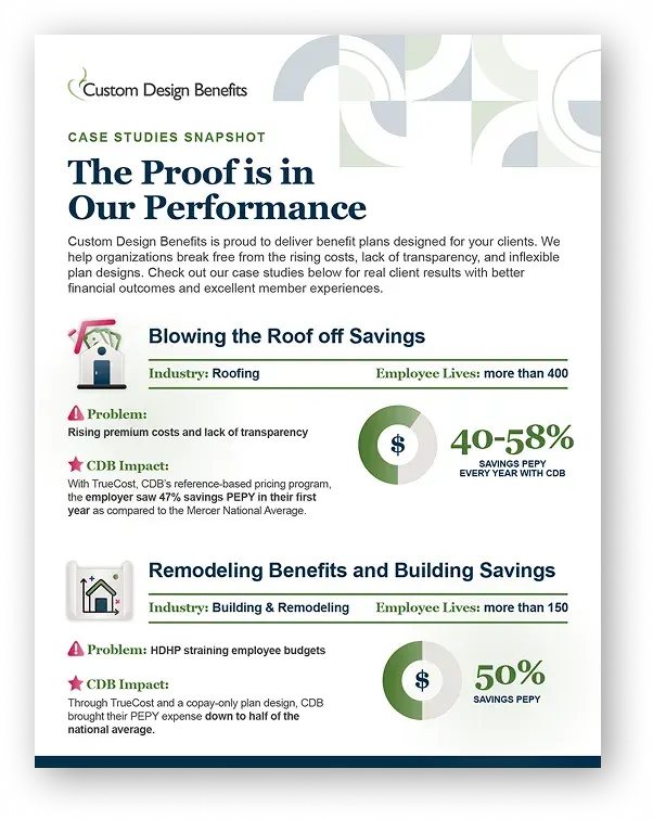 Custom Design Benefits case study snapshot detailing employer savings results