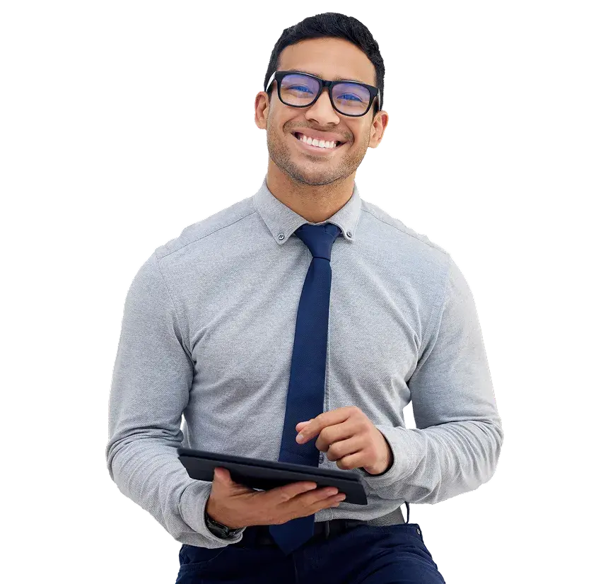 A CDB team member smiling while holding a tablet