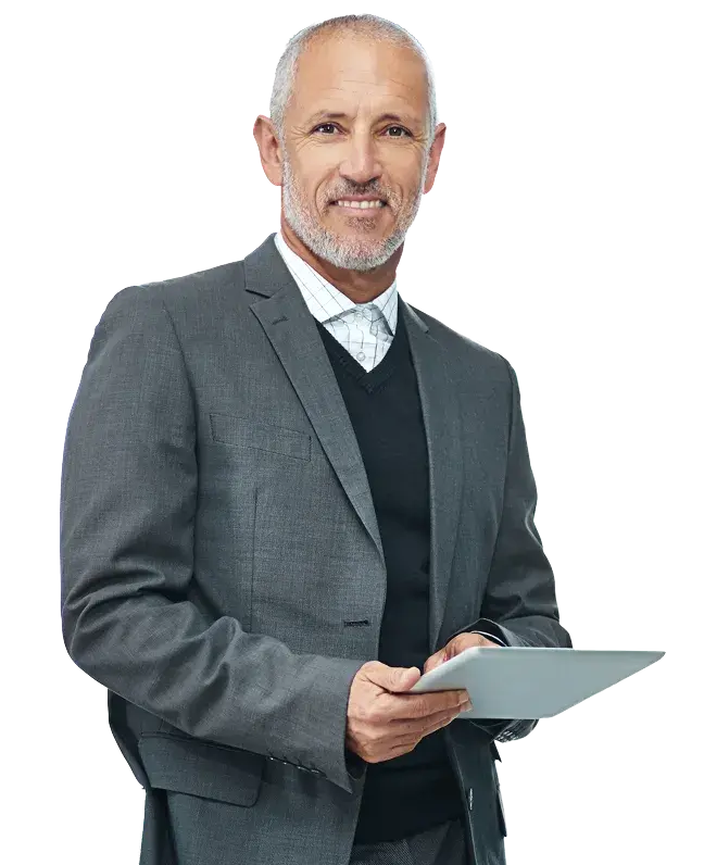 image of a man in a suit looking at a tablet