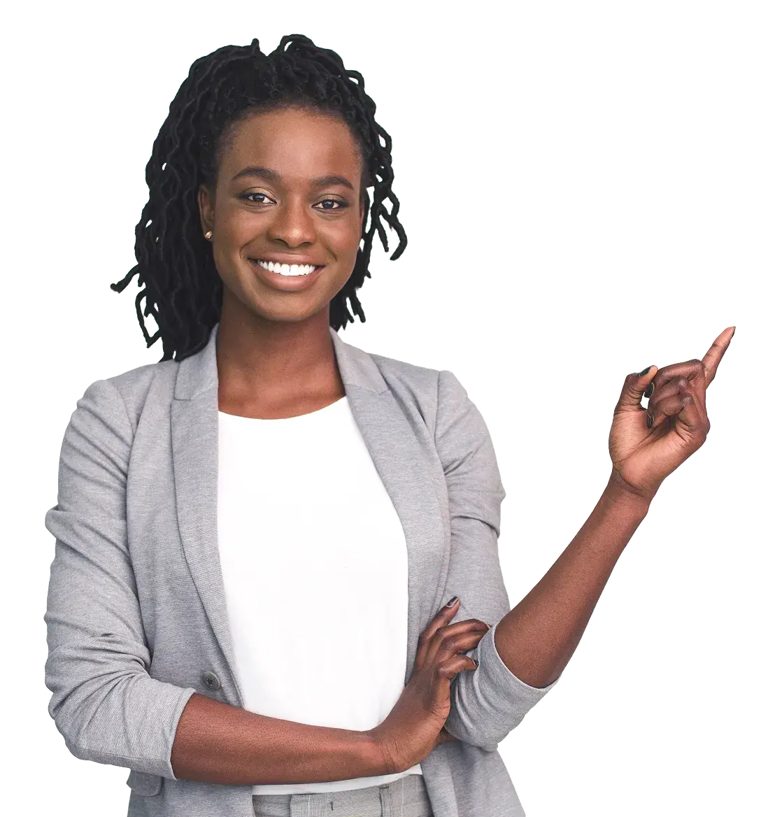 young black woman smiling & pointing to the wheel of savings