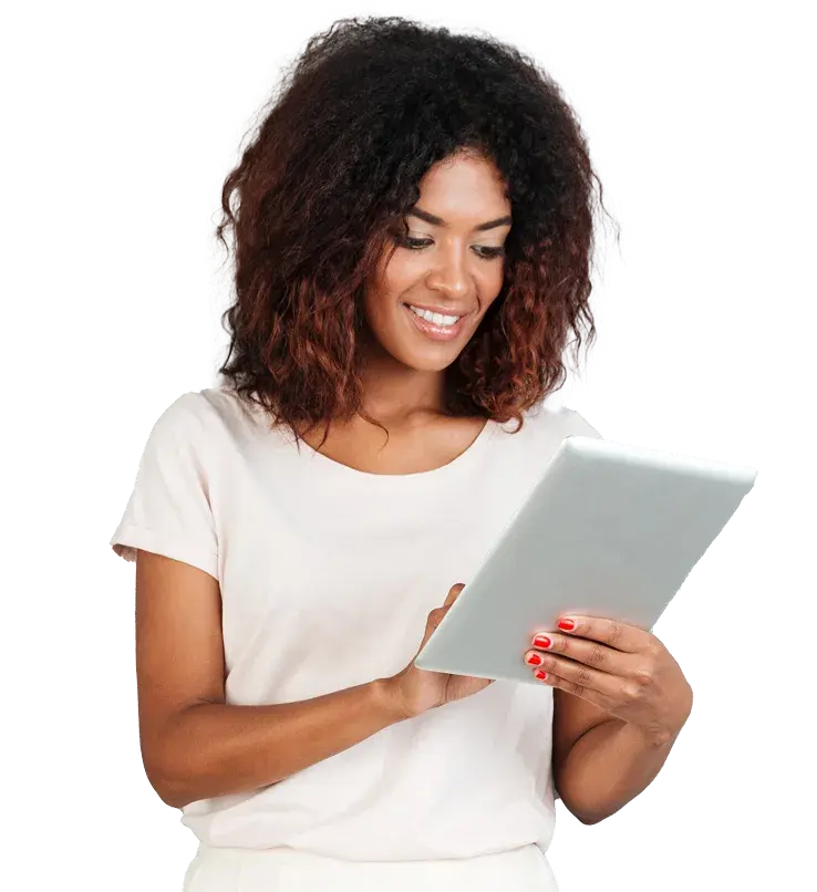 image of a woman smiling at a tablet