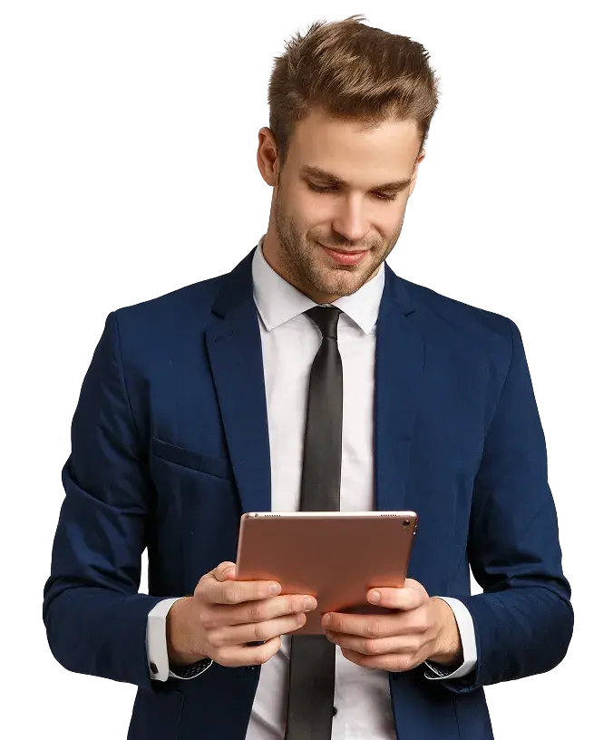 image of a man in a suit looking at a tablet