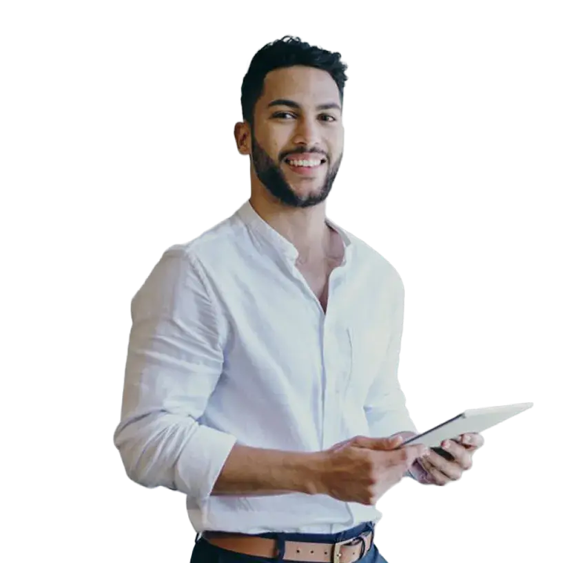 A CDB member holding a tablet