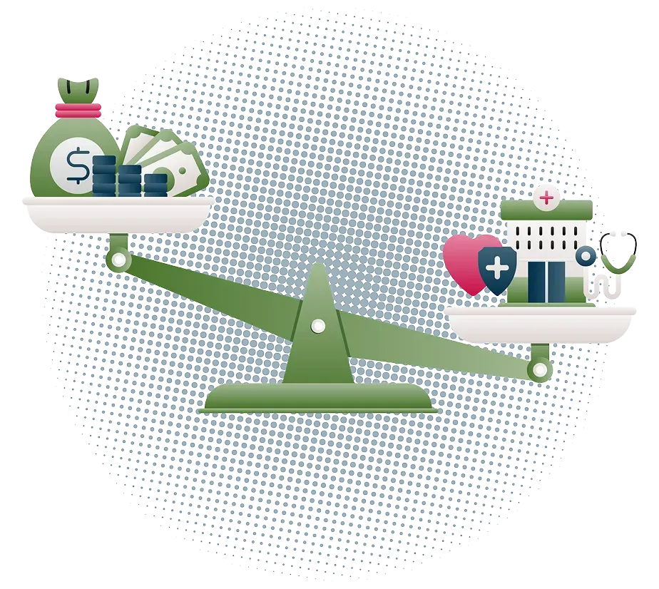 A balance scale weighing healthcare savings against rising costs